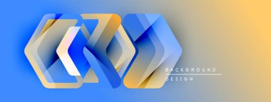 Soyut geometrik şekiller örtüşür, dinamik görsel efekt yaratır. Mavi, turuncu renkler düzgün bir şekilde harmanlanır. Modern tasarım ögesi.