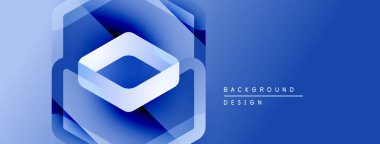 Soyut mavi tasarım katmanlı geometrik şekiller içerir. Altıgen, elmas formları modern görsel efektler yaratır. Gradyan derinlik ekler.