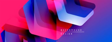Soyut geometrik şekiller örtüşüyor, canlı renk eğimleri yaratıyor. Pembe, mavi, mor renkler kompozisyona hakim. Modern tasarım ögesi.