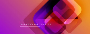 Soyut geometrik şekiller örtüşür, canlı bir gradyan arkaplan oluşturur. Mor, turuncu renkler tasarımda baskın, modern estetik..