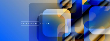 Soyut mavi arkaplan özelliği üst üste binen kareler, dikdörtgenler. Gradyan renkler modern, dinamik görsel efekt yaratır. Metin arkaplan tasarımı okur.