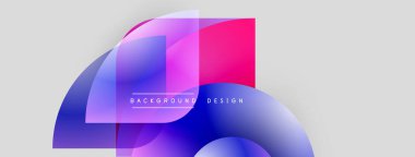 Soyut şekiller örtüşüyor, canlı renk değişimleri yaratıyor. Pembe, mavi renkler nötr arkaplana hakim. Modern tasarım ögesi.