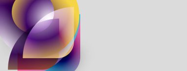 Soyut şekiller örtüşüyor, canlı renk değişimleri yaratıyor. Mor, sarı, turuncu renkler kompozisyona hakim. Minimalist tasarım, temiz arkaplan.