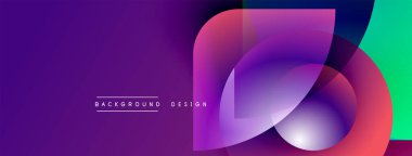 Soyut canlı tasarım, üst üste binen renkli şekiller. Gradyan mor, pembe, deniz mavisi renkleri dinamik görsel efekt yaratır. Metin arkaplan tasarımı okur.