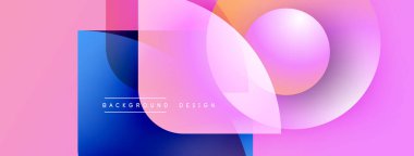 Soyut geometrik şekiller örtüşüyor, canlı pembe, mavi ve mor renkler yaratıyor. Modern tasarım elementleri akıcılık ve derinlik öneriyor.