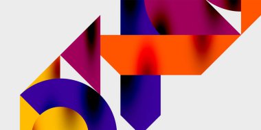 Soyut geometrik şekiller, canlı renkler, pürüzsüz eğimler. Kompozisyon üst üste binen formlar, dinamik düzenleme, modern estetik.