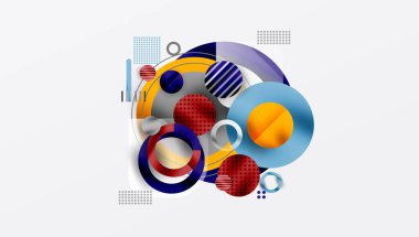 Soyut kompozisyon. Üst üste binen daireler, çizgiler, noktalar dinamik görsel efekt yaratır. Modern tasarım, canlı renkler, geometrik şekiller.