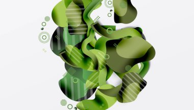 Soyut yeşil şekiller üst üste binerek dinamik bileşim oluşturuyor. Çizgiler, daireler, noktalar görsel ilgi ekler, modern estetik.