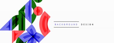 Soyut geometrik şekiller, canlı renkler, minimalist tasarım. Arka planda üst üste binen formlar, temiz estetik. Modern kompozisyon.