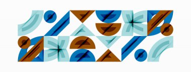 Soyut geometrik şekiller tekrar eder, ritmik desen yaratır. Mavi, kahverengi renkler kompozisyona hakim. Minimalist tasarım orta yüzyıl estetiğini çağrıştırıyor.