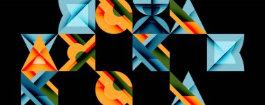 Soyut geometrik şekiller, canlı renkler, modern tasarım. Bileşik özellikler üst üste binerek, dinamik görsel doku oluşturur.