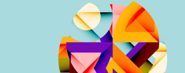 Soyut geometrik şekiller örtüşür ve canlı bir bileşim yaratır. Renkler arasında turuncu, mor, pembe, krem rengi, deniz mavisi yer alıyor. Modern tasarım.