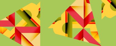 Soyut geometrik şekiller örtüşür, canlı renk blokları oluşturur. Kırmızı, sarı, yeşil baskın kompozisyon. Modern tasarım elemanları.