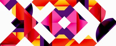 Soyut geometrik desen. Canlı renkler kesişiyor, dinamik görsel doku oluşturuyor. Şekiller örtüşüyor, karmaşık tasarım oluşturuyor.