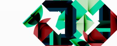 Soyut geometrik şekiller örtüşür, dinamik bileşim yaratır. Yeşil, kırmızı, siyah renkler beyaz arkaplana hakim. Modern tasarım.