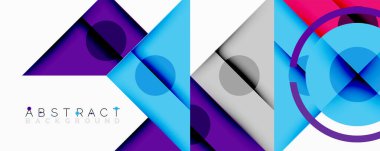 Geometrik şekiller örtüşüyor, canlı renk eğimleri yaratıyor. Mor, mavi, gri baskın kompozisyon. Modern tasarım ögesi.