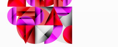 Soyut geometrik bileşim. Şekiller örtüşüyor, canlı kırmızı, pembe, gümüş desenler oluşturuyor. Modern tasarım, temiz çizgiler, minimalist estetik.