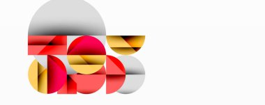 Soyut geometrik bileşim. Kırmızı, gri, sarı şekiller, dinamik görsel efekt oluşturur. Minimalist tasarım, modern estetik.