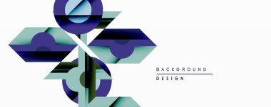 Soyut geometrik tasarım üst üste binen şekiller içerir. Mavi, deniz mavisi, siyah renkler dinamik görsel efekt yaratır. Özgeçmiş ve sunumlar için uygun minimalist biçim.