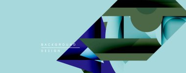 Soyut geometrik bileşim. Üst üste binen şekiller dinamik görsel efekt yaratır. Mavi, yeşil renkler açık arkaplana hakim. Modern tasarım ögesi.