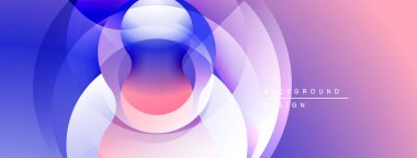 Soyut çemberler çakışıyor, canlı gradyanlar yaratıyor. Mor, mavi, pembe renkler düzgün bir şekilde harmanlanır. Arka planlar için modern tasarım ögesi.