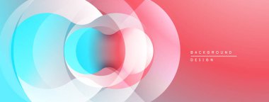 Soyut tasarım özellikleri üst üste binen şeffaf daireler. Renkler maviden pembeye karışıyor. Modern estetik, temiz kompozisyon.