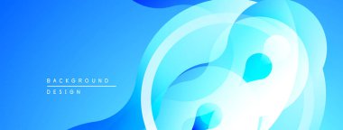 Soyut mavi arkaplan. Üst üste binen şekiller dinamik, akışkan görsel efektler yaratır. Dereceli gölgeler derinlik sunar, modern estetik.