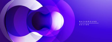 Soyut daireler üst üste binerek dinamik mor gradyanlar oluşturuyor. Modern tasarım derinliği, akıcılığı, görsel ilgiyi çağrıştırıyor.