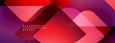 Soyut geometrik şekiller üst üste binerek canlı kırmızı, pembe ve mor renkler yaratıyor. Arkaplan, pankart ve sunumlar için modern tasarım ögesi.
