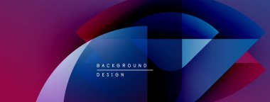 Soyut geometrik şekiller canlı mor, mavi renkleri harmanlarlar. Modern tasarım üst üste binen katmanlar, dinamik görsel efekt yaratır.
