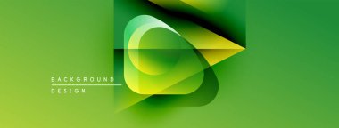 Soyut yeşil tasarım, üst üste binen şekiller, gradyanlar. Modern estetik, arka planlar ve sunumlar için uygun. Canlı, dinamik bileşim.