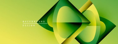 Soyut geometrik şekiller örtüşür, dinamik görsel efekt yaratır. Sarı, yeşil renkler kompozisyona hakim. Modern tasarım ögesi.