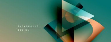 Soyut geometrik şekiller örtüşür, dinamik görsel efekt yaratır. Teal, turuncu renkler tasarımda baskın. Minimalist stil.