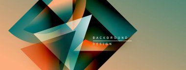 Soyut geometrik şekiller örtüşüyor, dinamik renk eğimleri yaratıyor. Arkaplan sıcak, serin tonlar, modern tasarım elementleri.