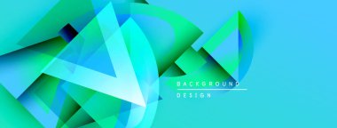 Soyut geometrik şekiller örtüşür, parlak mavi, yeşil eğimler yaratır. Modern tasarım dinamik hareket, temiz estetik.