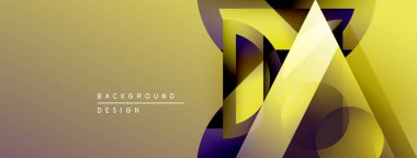 Soyut geometrik tasarım. Altın, mor renkler dinamik katmanlı şekiller yaratır. Pankartlar ve sunumlar için modern arkaplan uygun.