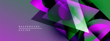 Soyut geometrik şekiller örtüşüyor, canlı mor ve yeşil renkler yaratıyor. Modern tasarım elementleri dinamik görsel deneyim önerir.