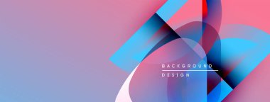 Soyut geometrik şekiller örtüşüyor, canlı renk eğimleri yaratıyor. Yumuşak mor karışımlar pembe, mavi aksanlar sunar modern tasarım.