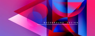 Soyut geometrik şekiller örtüşür, canlı gradyanlar yaratır. Pembe, mavi, mor renkler tasarımda baskın. Metin arkaplan tasarımı okur.