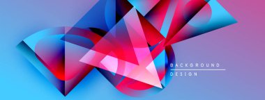 Soyut geometrik şekiller örtüşüyor, canlı renk eğimleri yaratıyor. Mavi, pembe, mor renkler tasarımda baskın. Modern estetik.