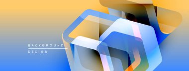 Soyut geometrik şekiller örtüşüyor, parlak mavi, turuncu bir eğim yaratıyor. Modern tasarım elementleri teknoloji ve yenilik öneriyor.