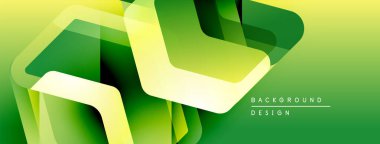 Soyut geometrik şekiller örtüşür, canlı yeşil gradyan arkaplan oluşturur. Modern tasarım elementleri derinlik, doku önerir.