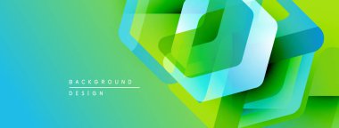 Soyut geometrik tasarım. Canlı yeşil, mavi gradyanlar modern zemin oluşturur. Üst üste binen şekiller derinlik ve hareket olduğunu gösteriyor. Temiz estetik.