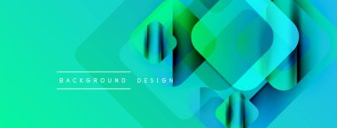 Soyut geometrik şekiller örtüşür, canlı turkuaz eğimleri yaratır. Modern tasarım öğeleri teknoloji, yenilik, gelecek kavramları önerir.