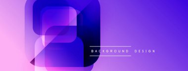 Soyut geometrik şekiller üst üste binerek canlı mor gradyan oluşturur. Arkaplan, pankart ve sunumlar için modern tasarım ögesi.