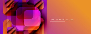 Soyut geometrik şekiller örtüşüyor, canlı renk eğimleri yaratıyor. Turuncu, mor, kırmızı renkler tasarımda baskın. Modern estetik.