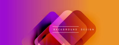 Soyut canlı arkaplan özellikleri üst üste binen geometrik şekiller. Gradyan renkler mor, turuncu, kırmızı karışımı dinamik görsel efekt yaratır.