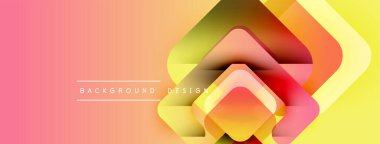Soyut gradyan arkaplan özellikleri katmanlı geometrik şekiller. Sıcak renkler pembeden sarıya karışır dinamik görsel efekt yaratır.