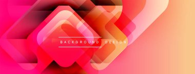 Soyut geometrik şekiller örtüşür, canlı bir gradyan arkaplan oluşturur. Pembe, turuncu renkler tasarıma egemen, modern estetik.