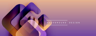 Soyut geometrik şekiller örtüşüyor, dinamik mor, turuncu gradyan oluşturuyor. Arkaplan ve sunumlar için uygun modern tasarım.